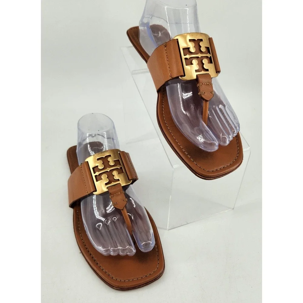 Tory Burch Georgia Sandals Womens 9.5 Tan Brown Gold Logo‎ Thong Flat 84937
